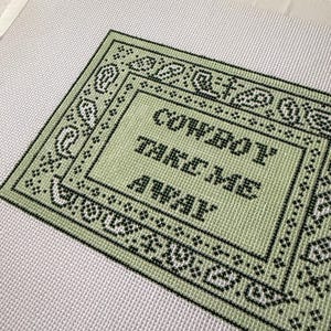 May include: A cross-stitch embroidery piece on white fabric featuring the text "COWBOY TAKE ME AWAY" in black thread. The design is enclosed within a rectangular border of black and light green paisley patterns and geometric shapes on a green background.