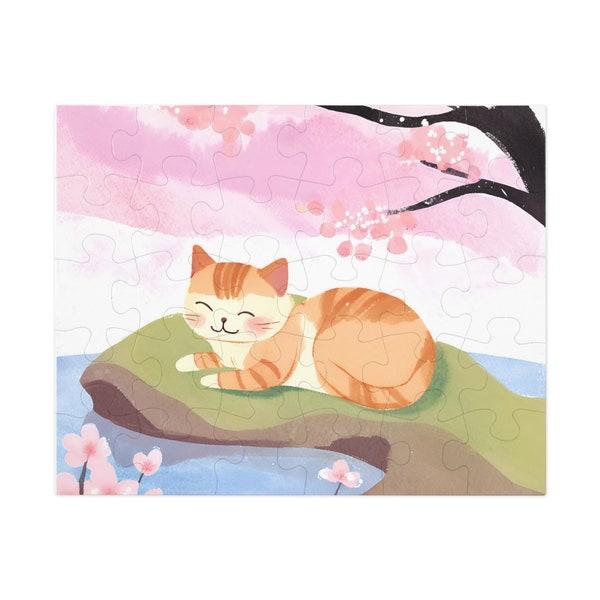 Cute Cat Napping Under Sakura Jigsaw Puzzle Perfect Gift for Children 4+