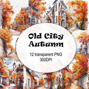 Herfst in de oude stad. Aquarel clipart png. AI-illustratie. Direct downloaden voor commercieel gebruik. Plakboek-junkjournaal