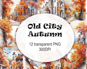 Autumn Old City Watercolor Clipart: 12 PNG Illustrations (Digital Download)