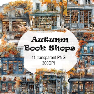 Autumn Bookshop Watercolor Clipart: Commercial Use PNG (Digital Download)