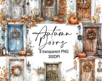 Autumn Doors Watercolor Clipart: Fall PNG Illustrations (Digital Download)