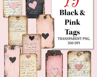 Black Pink Tags Clipart, Watercolor PNG for Junk Journal (Digital Download)