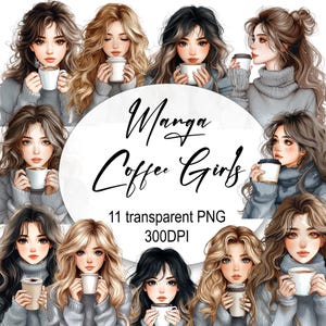 Manga Coffee Girls Watercolor Clipart: Commercial Use PNG (Digital Download)