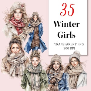 Winter Girls Watercolor Clipart: AI Fashion Illustration (PNG Digital Download)