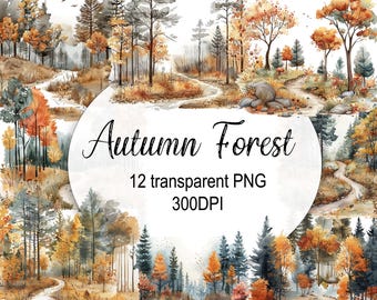 Autumn Forest Watercolor Clipart: 14 PNG Illustrations (Digital Download)