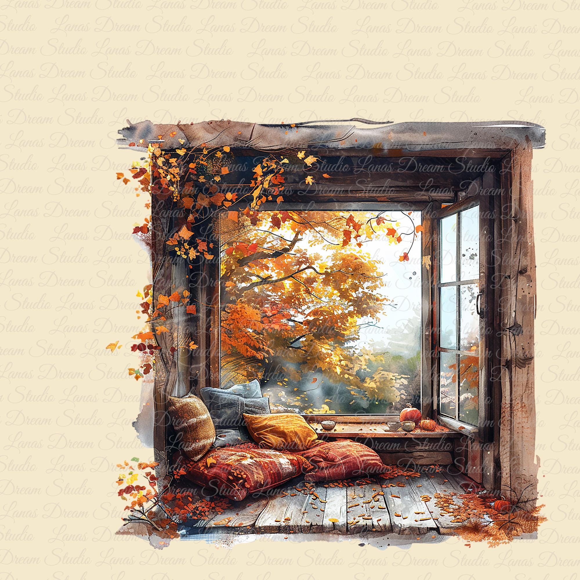 Autumn Window Watercolor Clipart: Fall PNG Illustrations (digital ...