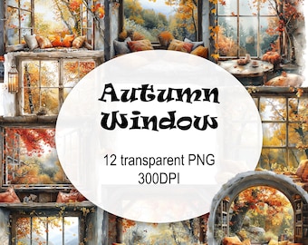Autumn Window Watercolor Clipart: Fall PNG Illustrations (Digital Download)