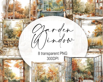 Autumn Garden Windows Watercolor Clipart: PNG AI Illustration (Digital Download)