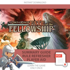 Può includere: Una copertina per il download digitale di "Il Signore degli Anelli: Il Destino della Compagnia". L'immagine presenta illustrazioni di personaggi, una spada e il titolo del gioco. Il testo include "Guida al riepilogo", "Aggiornamento delle regole" e "Aiuto al giocatore".