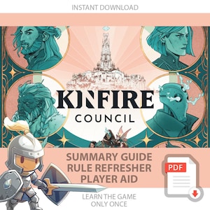 Puede incluir: Gráfico de descarga digital con el texto "KINFIRE COUNCIL" y "SUMMARY GUIDE, RULE REFRESHER, PLAYER AID". El diseño presenta personajes ilustrados, un castillo y un caballero de dibujos animados. También están presentes las palabras "INSTANT DOWNLOAD" y "LEARN THE GAME ONLY ONCE".