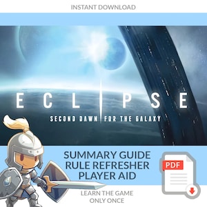 Pode incluir: Um download digital de um guia resumido, um atualizador de regras e uma ajuda para o jogador para o jogo de tabuleiro Eclipse: Second Dawn for the Galaxy. O guia está em formato PDF e apresenta uma ilustração de desenho animado de um cavaleiro.