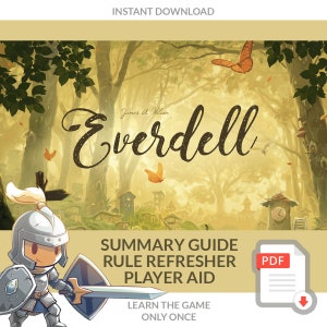 Puede incluir: Una descarga digital para el juego de mesa Everdell, con una ilustración caprichosa de un bosque con un caballero y mariposas. La descarga incluye una guía resumida, un repaso de las reglas y una ayuda para el jugador. Aprende el juego solo una vez.