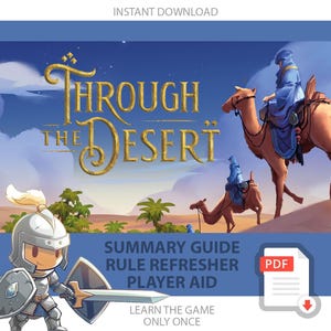 Puede incluir: Una descarga digital titulada "Through the Desert" con una escena desértica con camellos y jinetes. La imagen incluye un caballero de dibujos animados, el texto "Summary Guide, Rule Refresher, Player Aid" y un icono PDF. También está presente el texto "Learn the game only once".