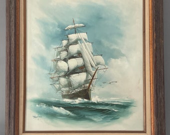 MCM Hewitt Jackson RARE Large Framed Signed Oil Painting on Canvas - Clipper Ship Maritime Nautical Art Puget Sound