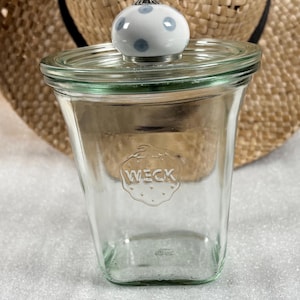 Pode incluir: Um frasco de vidro transparente com tampa e botão de bolinhas brancas e azuis. O frasco tem a palavra "WECK" em relevo na frente. O frasco está em frente a um chapéu de palha.
