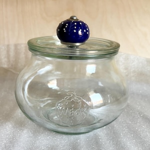 Może przedstawiać: Przezroczysty szklany słoik z pokrywką i niebieskim ceramicznym guzikiem. Słoik ma zaokrąglony kształt, a na przodzie wytłoczono napis "WECK". Guzik jest ciemnoniebieski z białymi kropkami.
