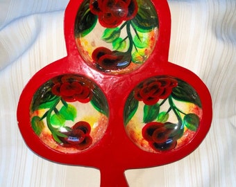 3 Compartment Wood Wooden Bowl Hand Painted RED Floral Signed Mexico High Gloss