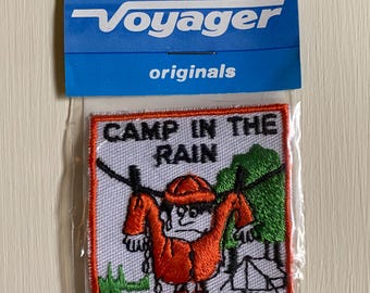 Embroidered Iron Sew On Patch Camping in the Rain NOS Funny
