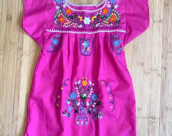 Little Girls Hand Embroidered Mexican Hot Pink Summer Sun Dress Size 3 / 4 ~ Cinco De Mayo