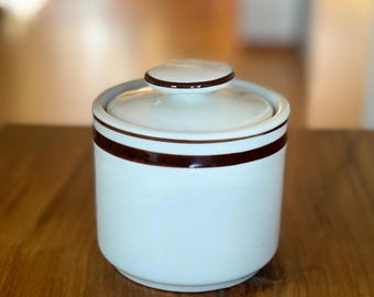 Vintage Orbit Stoneware 221 Sugar Bowl with Lid Brown Stripe Trim