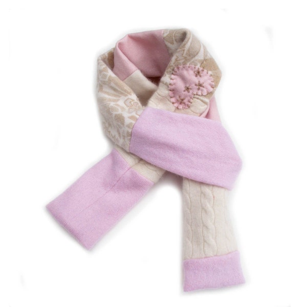 Recycled Cashmere Color Blocked Skinny Scarf Ivory Pinks Tans