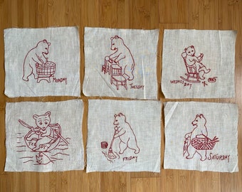 Vintage Quilt Embroidered 6 Teddy Bear Squares Red on Unbleached Muslin 8 x 8