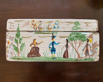 40s Vintage Benito Fosado Wood Box, Hand Painted & Signed Trinket Storage Container Wooden Card Box or Jewelry Box Mexico Folk Art