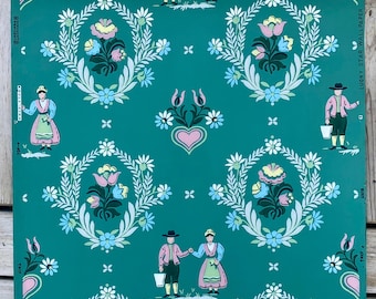 Vintage 50s Wallpaper ROLL Lucky Star Brand Teal Jade Green Pennsylvania Dutch Amish Made In USA Full Roll