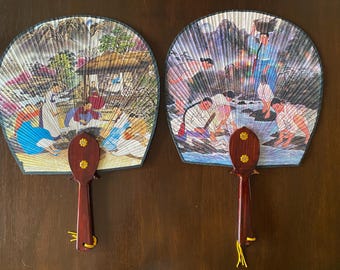 Vintage Printed Silk Japanese Paddle Fans Wooden Handles set of Two