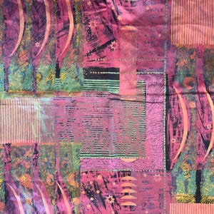 May include: A fabric featuring a vibrant geometric and abstract pattern in shades of magenta, teal, and peach. The design includes repeating vertical leaf-like shapes, horizontal striped blocks, and small star motifs arranged in a grid-like layout.
