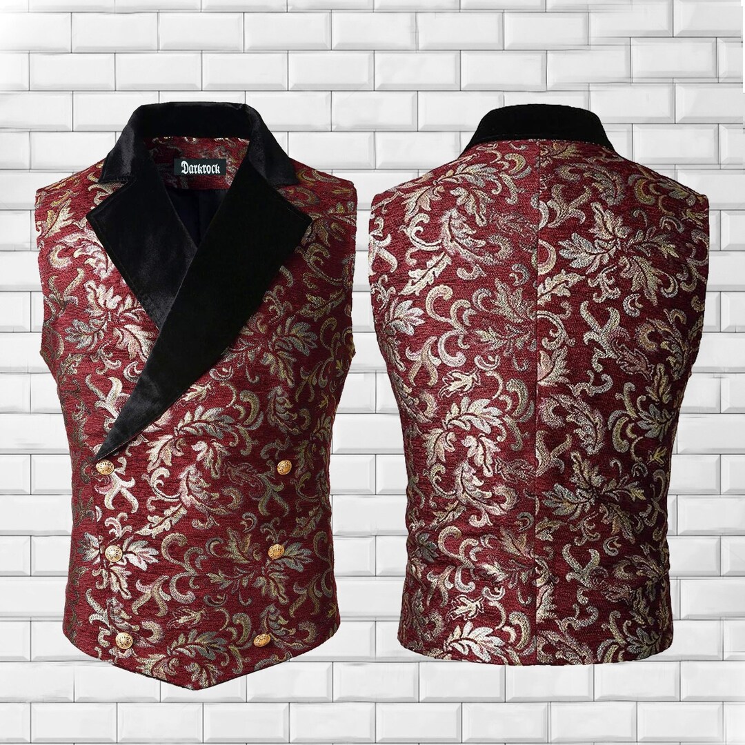 Mens Red Victorian Double Breasted Vest Waistcoat, Formal, Waist Coat