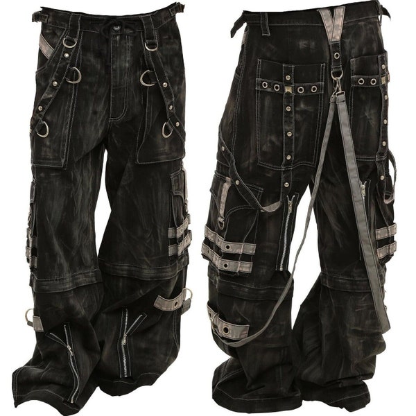 Men Black Gothic dyed Zip Off Pants Alternative  Punk Rock Concert Buckle Zips Chain Strap Trousers/USA