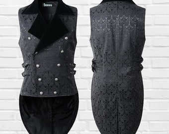 Men’s Black Brocade Victorian  Vest Waistcoat Tailcoat  Velvet Gothic Steampunk/Tail Coat Vest,Formal, Waist Coat for Men, Wedding Vest/USA