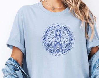 Marian Shirt, Catholic T-Shirt, Blessed Mother Tee, Virgin Mary Shirt, Stained glass tee, Christian Shirt, Religious Gift for Her, Our Lady