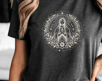 Marian Shirt, Catholic T-Shirt, Blessed Mother Tee, Virgin Mary Shirt, Stained glass tee, Christian Shirt, Religious Gift for Her, Our Lady
