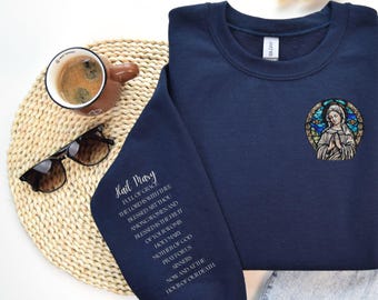 Hail Mary Prayer Shirt, Virgin Mary Sweatshirt, Christian Apparel, Bible Verse on Sleeve, Religious Gift, Catholic Shirt, Marian Hoodie