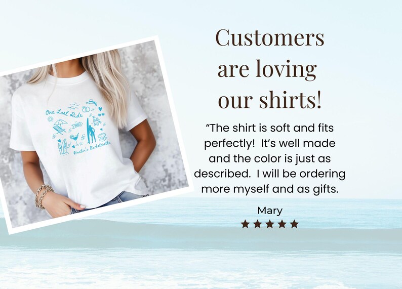 May include: White t-shirt with a blue graphic design that says "One Last Ride" and "Bridesmaid's Bachelorette".