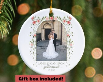 Wedding Photo Ornament, Personalized Couple Ornament, Custom Name and Date Keepsake, Newlywed Gift, Floral First Christmas Married Decor