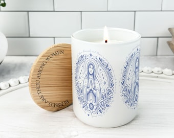 Virgin Mary Scented Candle, Catholic Gift for Her, Rosary Candle with Engraved Bamboo Lid, RCIA Gift, Marian Decor, Organic Soy candle