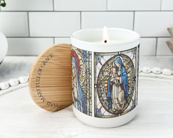 Virgin Mary Scented Candle, Catholic Gift for Her, Rosary Candle with Engraved Bamboo Lid, RCIA Gift, Marian Decor, Organic Soy Candle