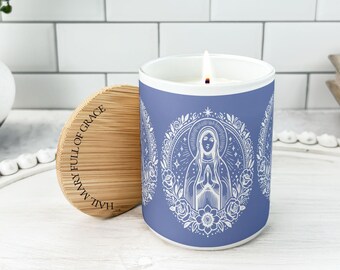 Virgin Mary Scented Candle, Catholic Gift for Her, Rosary Candle with Engraved Bamboo Lid, RCIA Gift, Marian Decor, Organic Soy Candle