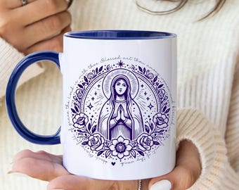 Virgin Mary Mug, Catholic Gift, Our Lady Mug, Christian Coffee Cup, Marian Mug, Blue Floral Mug, Religious Gift, Faith Mug, Prayer