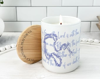 Virgin Mary Prayer Scented Candle, Catholic Gift for Her, Rosary Candle with Engraved Bamboo Lid, RCIA Gift, Marian Decor,  Soy Candle