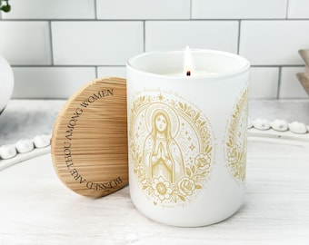 Virgin Mary Scented Candle, Catholic Gift for Her, Rosary Candle with Engraved Lid, RCIA Gift, Marian Decor, Gift for Goldmother Goddaughter