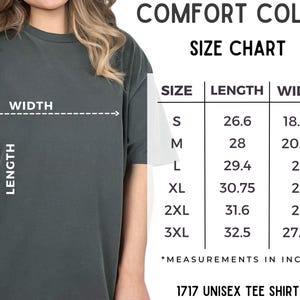 May include: Size chart for a unisex tee shirt. The chart shows the length and width in inches for sizes S, M, L, XL, 2XL, and 3XL.
