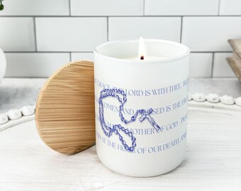 Virgin Mary Prayer Scented Candle, Catholic Gift for Her, Rosary Candle with Engraved Bamboo Lid, RCIA Gift, Marian Decor,  Soy Candle