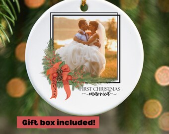 First Christmas Married Ornament, Wedding photo gift, Personalized Wedding Gift, Newlywed Christmas Keepsake, Couple Photo Gift