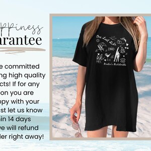 May include: Black t-shirt with white text and graphics that says "One Last Ride" and "Kristin's Bachelorette". The shirt is on a model standing on a beach.