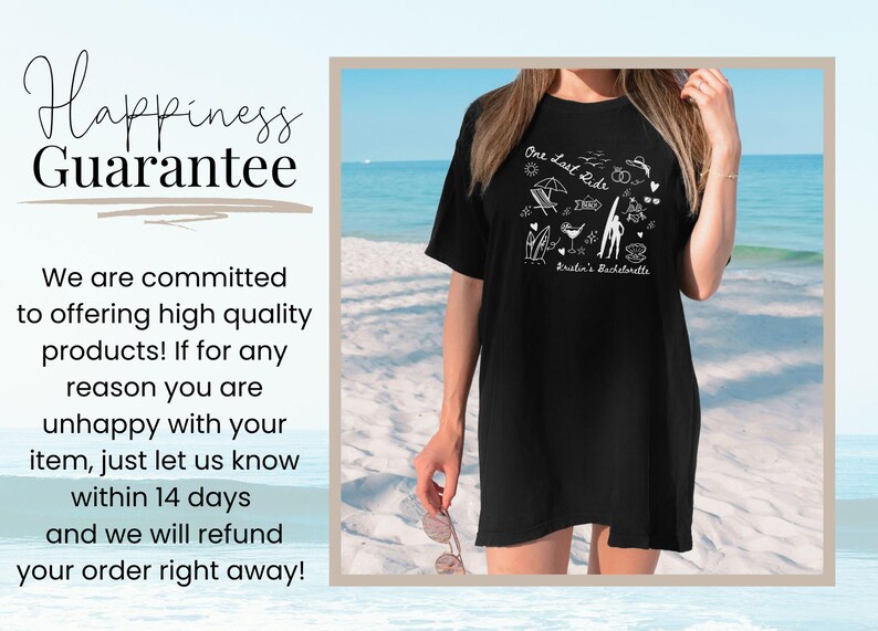 May include: Black t-shirt with white text and graphics that says "One Last Ride" and "Kristin's Bachelorette". The shirt is on a model standing on a beach.